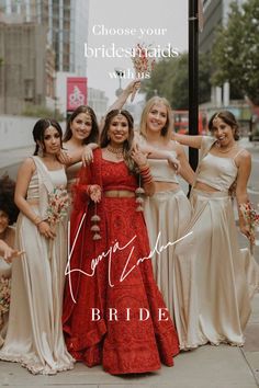 the bridesmaids are posing for a photo in front of a street sign that says choose your bridals