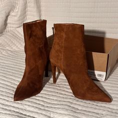 Brand New Never Worn- Size 11. Box Is Damaged. No Top To Box. Brown Pointed Toe Heels For Winter, Brown High Heel Heels For Fall, Brown High Heels For Fall, Brown Suede High Heel Boots, Fall Suede Boots With 4-inch Heel, Brown Pointed Toe Heels For Fall, Brown High Ankle Heels For Fall, Chic High Ankle Brown Heels, Chic Brown High Ankle Heels