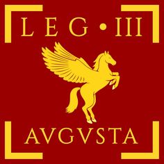 a red and yellow sign with a horse on it's back side, which reads leg - xvi flavia firma