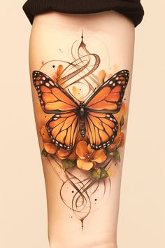 a butterfly with orange flowers on it's leg is shown in this artistic tattoo design