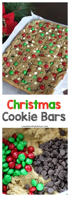 christmas cookie bars with chocolate chips and candy in the middle, on top of each other