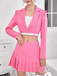 Solid Crop Blazer & Pleated Hem Skirt Without Belt Pink Casual  Long Sleeve Woven Fabric Plain  Non-Stretch  Women Clothing, size features are:Bust: ,Length: ,Sleeve Length: Blazer Court, Blazer Crop, Cute Dress Outfits, Rose Bonbon, Crop Blazer, Fashion Life, Hem Skirt, Fashion Ideas, Suits For Women