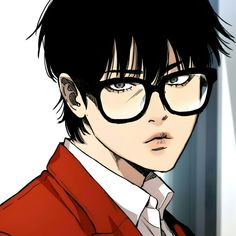 an anime character with glasses and a red shirt is looking at the camera while he's staring