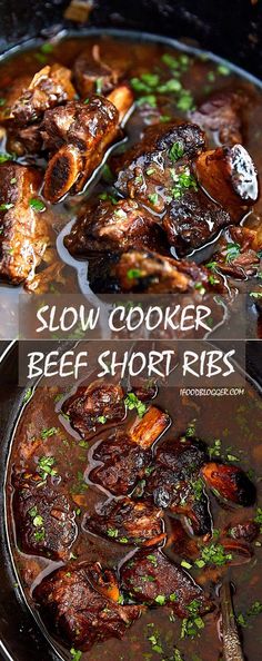 slow cooker beef short ribs in a brown broth