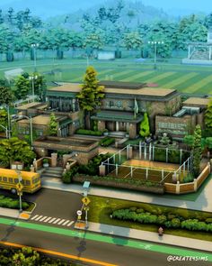 an artist's rendering of a school building in the middle of a park with trees and grass