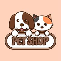 two dogs and a cat sitting on top of a pet shop sign with the words pet shop