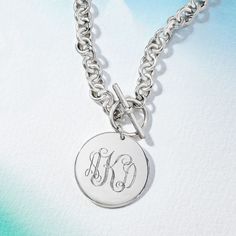 Ross-Simons - Name - Italian Silver Personalized Disc Toggle Necklace. 20". This sterling silver necklace features a polished disc on a cable chain, showcasing its toggle clasp front and center for a classic look that will transcend time and trend. FREE engraving of a name with up to nine characters in your choice of block or script type. Made in Italy. Sterling silver personalized disc necklace. Toggle Necklace, Script Type, Disc Necklace, Toggle Clasp, Sterling Silver Charm, Sterling Silver Necklace, Cable Chain, Sterling Silver Necklaces, Classic Looks