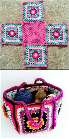 crochet granny bag and purse with yarn balls in the middle, on carpet