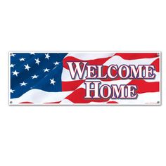 a welcome home sign with an american flag