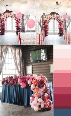 the color scheme for this wedding is pink, red and white with balloons on it