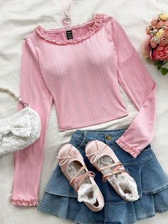 Women's Vacation Knitted Jacquard Textured Cabled Fabric Comfortable Fitted Fashionable Long Sleeve Splice Lace Crew Neck T-Shirt Pink Casual  Long Sleeve Knitted Fabric Colorblock,Plain,Striped  High Stretch  Women Clothing, size features are:Bust: ,Length: ,Sleeve Length: Effortless Hairstyles, Retro Hairstyles, Lace Shirt, Bow Hair Clips, Inspiration Mode, Hair Accessories For Women, Long Sleeve Knit, Daily Outfits, All Fashion