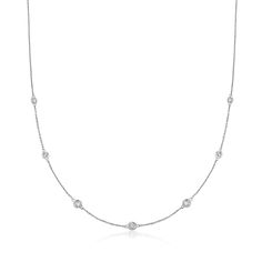 Ross-Simons - .33ct t. w. Graduated Bezel-Set Diamond Station Necklace. 20". Our classic station necklace is twinkling with .33 ct. t. w. of bezel-set diamonds in 14kt white gold. It is a must-have foundation piece for your collection and the perfect choice for delicate layering! Diamond stations subtly graduate in size towards the center. Springring clasp, diamond station necklace. Diamond birthstones are the perfect gift for April birthdays. Classic Diamond Necklace With Sparkling Stones For Anniversary, Classic White Gold Diamond Necklace With Sparkling Stones, Classic Round Diamond Station Necklace, Anniversary Round Station Necklace With Single Cut Diamonds, Classic Solitaire Necklace With Sparkling Stones, Classic White Gold Solitaire Necklace With Sparkling Stones, Classic Cubic Zirconia Station Necklace For Anniversary, Classic Diamond Station Necklace, Classic Diamond White Station Necklace With Diamond Accents