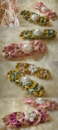 several different types of hair clips with pearls on them