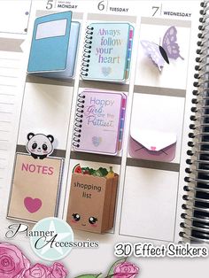 an open planner with pink flowers on the side and lots of notepads attached to it