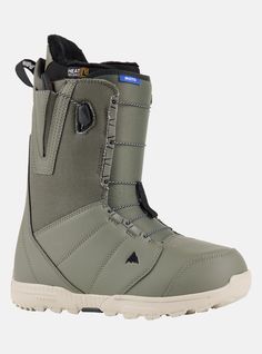 the snowboard boots are grey and have white outstratches on each side