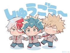 three cartoon boys with different colored hair and one is holding something in his hand while the other