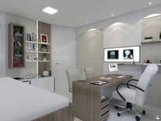 a bedroom with a bed, desk and computer on the wall next to bookshelves