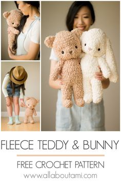 a woman holding two teddy bears in her hands and the caption reads free teddy & bunny crochet pattern