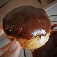 a hand holding a chocolate covered doughnut in front of a glass plate with sauce on it