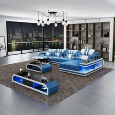 modern living room with blue and white furniture