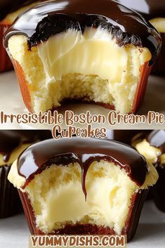 Bavarian Cream Filled Cupcakes, Cupcake Recipes Yellow Cake, Boston Creme Filling, Boston Cream Pie Cupcakes Recipe, Boston Crème Pie Cupcakes, Boston Cream Cupcakes Easy, Boston Cream Recipes, Yellow Cupcakes Ideas, Boston Cream Pie Cheesecake