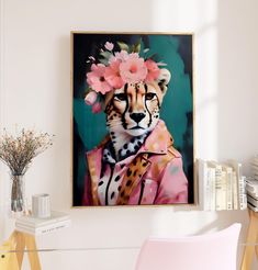 a painting of a cheetah wearing a pink flower crown on top of it's head