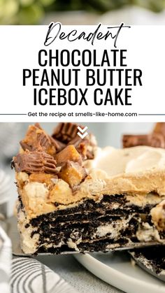 a piece of chocolate peanut butter icebox cake on a white plate with the title text reads decadent chocolate peanut butter icebox cake