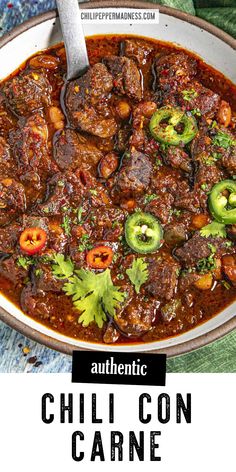 chili con carne in a bowl with cilantro and jalapenos