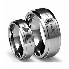 two wedding rings with the words love and affection engraved on each one's side