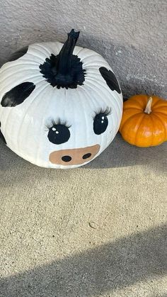 two pumpkins sitting next to each other in front of a wall with a cow face painted on it