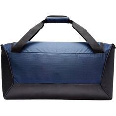 a blue and black duffel bag on a white background with the handles folded down