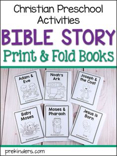 the bible story print and fold books are shown on a wooden table with text that reads,