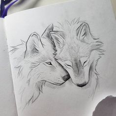 a drawing of two wolfs with their faces close together