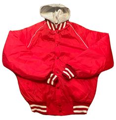 VTG CELEBRITY STARS RED PUFFER WINDBREAKER HOODIE JACKET MENS S STRIPED VARSITY. ITEM IS IN EXCELLENT VTG PRE-OWNED CONDITION NO MARKS NO TEARS NO STAINS 100% AUTHENTIC CELEBRITY STARS MERCHANDISE FEATURES INSIDE FULL ZIP HOODIE GRAY FEATURES BUTTON CLOSURE W/STRIPED DESIGN ON SLEEVES BOTTOM & NECKLINE COLOR - RED SIZE - SMALL LENGTH - 25.5in ACROSS PIT-PIT - 22.5in SLEEVE LENGTH - 21.5in MATERIAL - SHELL & LINING 100% NYLON FILLER - POLYESTER HOOD - 100% ACRYLIC KNIT - 100% NYLON YARN MADE IN U Sports Season Hoodie For Sports Events, Sports Hoodie For Sports Events, Sports Season Outerwear With Drawstring Hood, Sports Outerwear With Drawstring Hood, Drawstring Hooded Outerwear For Sports Events, Winter Varsity Jacket With Double-lined Hood, Hooded Track Jacket With Ribbed Cuffs For Sports, Long Sleeve Outerwear With Drawstring Hood For Sports Events, Varsity Hooded Jacket With Double-lined Hood