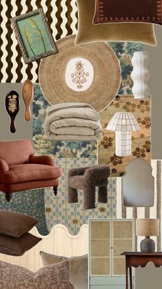 a collage of furniture and wallpapers in shades of brown, blue, beige and green