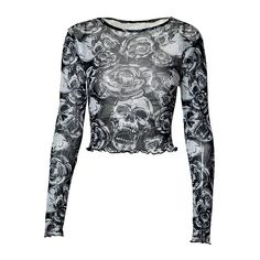 Vevesc Skull Print Graphic T Shirts Halloween Gothic Emo Black Mesh See Through Long Sleeve Crop Top Dark Academia Gothic Long Sleeve Tops For Halloween, Gothic Long Sleeve Halloween Tops, Emo Long Sleeve Tops For Fall, Edgy Long Sleeve Halloween Tops, Long Sleeve Tops With Skull Print, Emo Graphic Print Tops For Fall, Fall Streetwear Top With Skull Print, Black Long Sleeve Tops With Skull Print, Long Sleeve Tops With Skull Print For Alternative Fashion