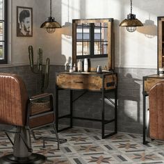 an old fashioned barber shop with two chairs and a table in front of the mirror