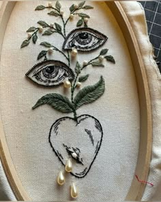 an embroidered heart with flowers and two eyes on the inside is surrounded by pearls, beads and thread