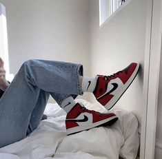 Red Ankle-high Sneakers For Streetwear, Casual Nike Jordan Shoes With Contrast Sole, Jordans Aesthetic, Jordan 1 Mid Chicago, Jordan Outfit, Red Jordans, Jordan Sneaker, Jordan Shoes Girls, All Nike Shoes