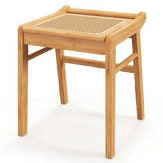 a small wooden stool with wicker seat padding on the back and sides, isolated against a white background