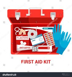 the first aid kit is open and ready to be filled with medical supplies, such as gloves