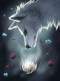 a white wolf with its eyes closed looking at something in the water that is floating