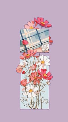 some pink and white flowers are in front of a purple background with an image of a window