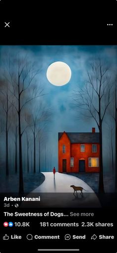 an image of a red house with a dog in the foreground and a full moon behind it