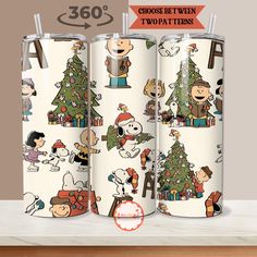 three christmas tumblers with cartoon characters on them and the words choose between two different sizes