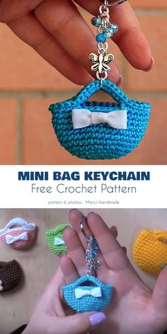 a hand holding a small bag keychain made out of crochet