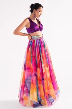 Shop for Cedar and Pine Multi Color Organza Kaleidoscope Print Skirt And Pleated Blouse Set for Women Online at Aza Fashions Multicolor Printed Sleeveless Sets, Multicolor Printed Skirt For Party, Multicolor Printed Dress With Flowy Skirt, Multicolor Party Sets With Long Skirt, Sleeveless Multicolor Party Sets, Embroidery Neckline, Print And Embroidery, Embroidery Skirt, Beads Embroidery