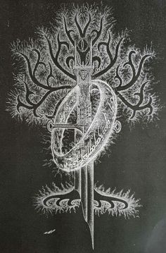 a black and white drawing of a tree with an e on it's side