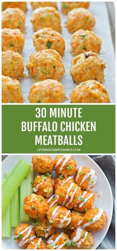 some chicken meatballs and celery on a white plate with the words 30 minute buffalo