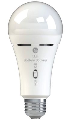 a white light bulb with the words battery backup written on it's front side